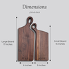 Dimensions of personalized nesting charcuterie board set with large and small serving boards