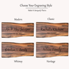 Four wooden cutting boards with engraved text, labeled 'Modern', 'Whimsy', 'Classic' and 'Heritage' for personalizing and gifting
