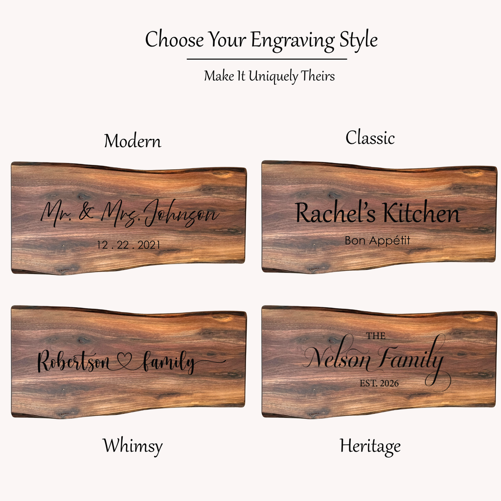 Four wooden cutting boards with engraved text, labeled 'Modern', 'Whimsy', 'Classic' and 'Heritage' for personalizing and gifting
