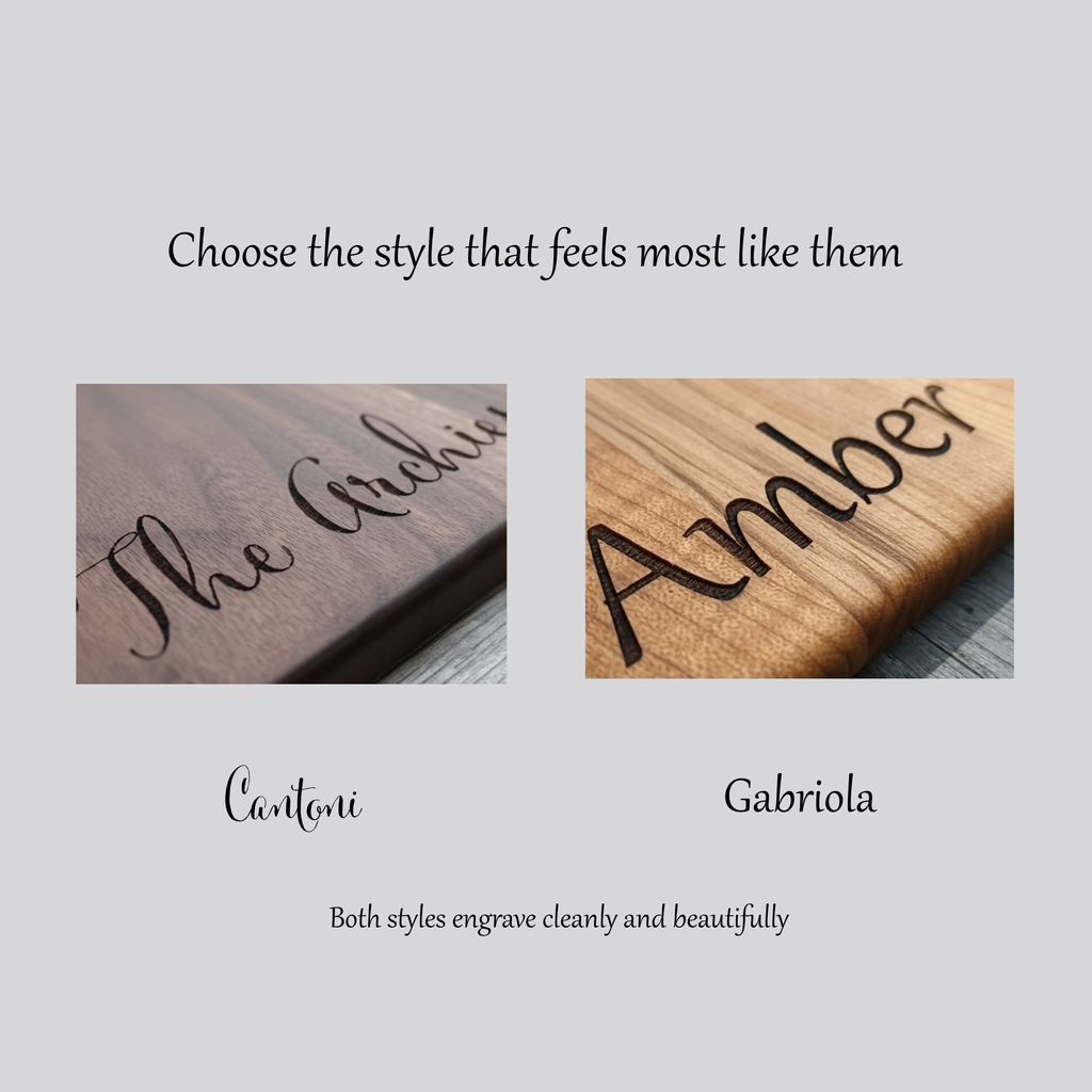 Personalized nesting cheese board engraving style options for custom wedding and anniversary gifts