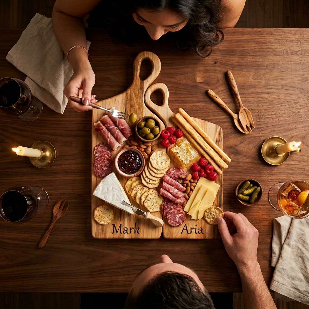Overhead view of personalized nesting charcuterie board set prepared for entertaining and gifting couples