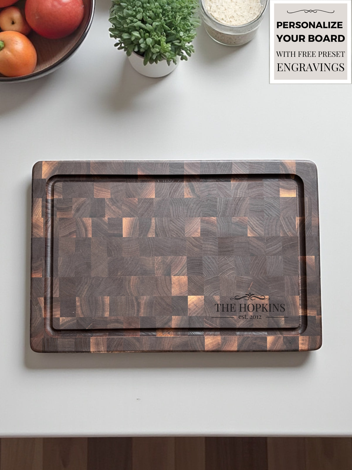 Personalized Cutting Boards, End Grain Walnut and Maple Custom Engraved Boards.