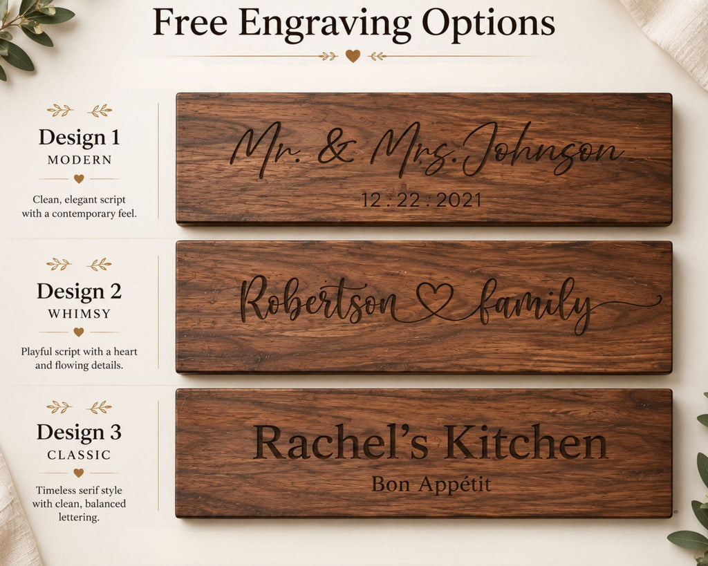 Three engraved wooden signboards shown under the heading 'Free Engraving Options. For personalized cutting board gift ideas.