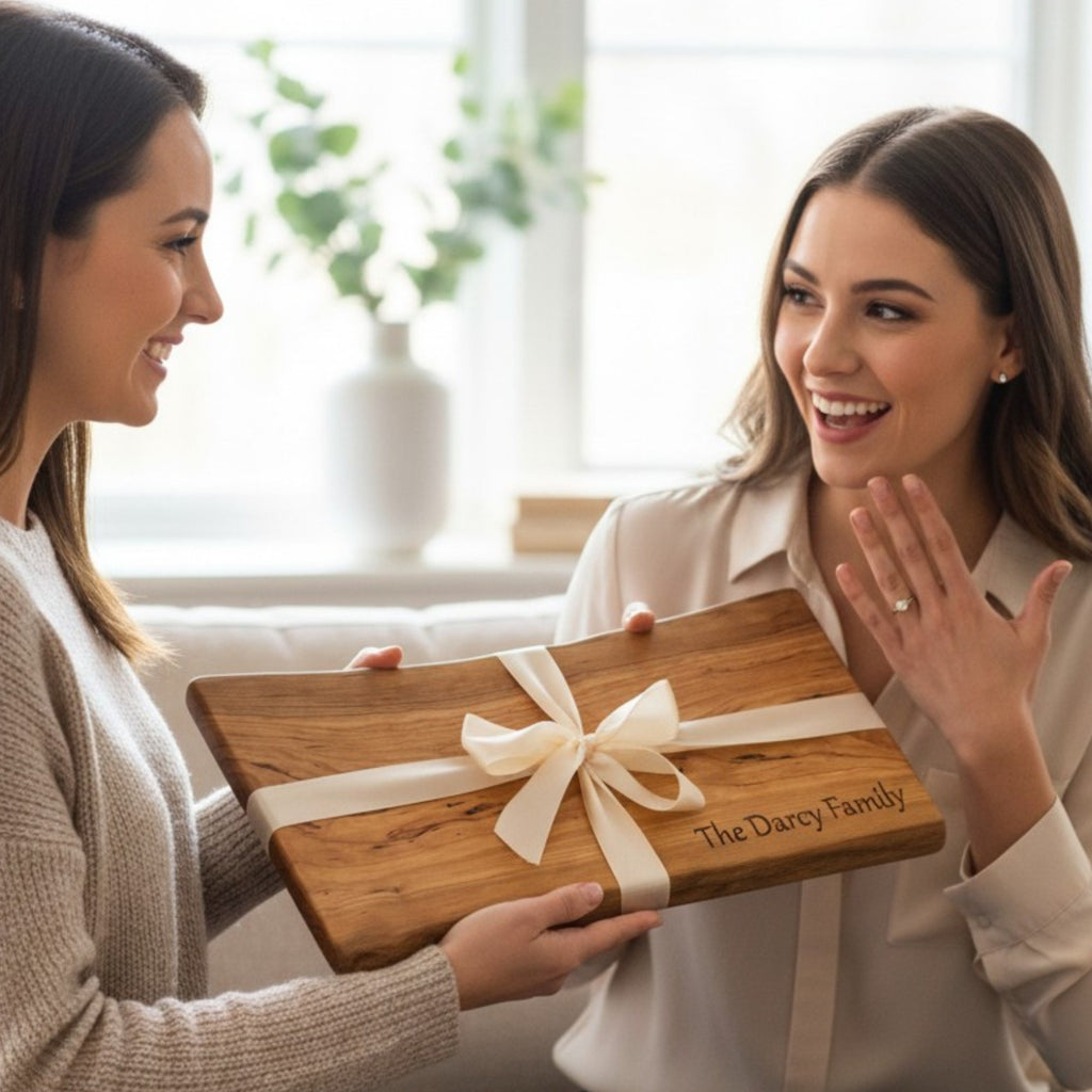 Woman reacting happily to receiving a cherry live edge charcuterie board gift