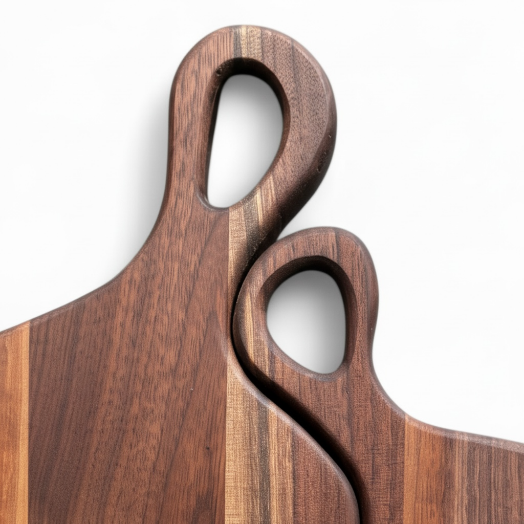 Close-up detail of interlocking handle design on personalized nesting charcuterie board set
