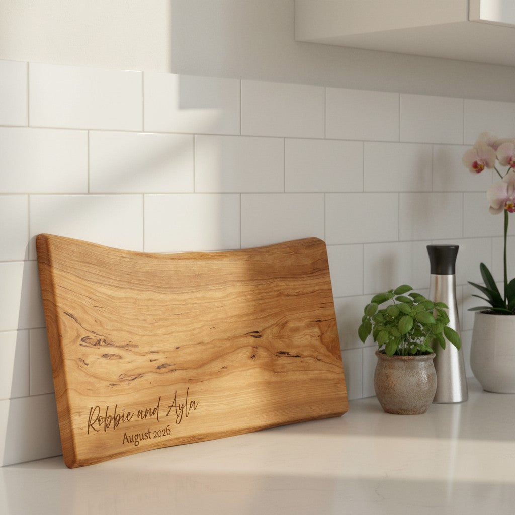 Wooden home decor cutting board with engraved text on a kitchen counter. Cherry live edge charcuterie styled on kitchen counter with oils and spices