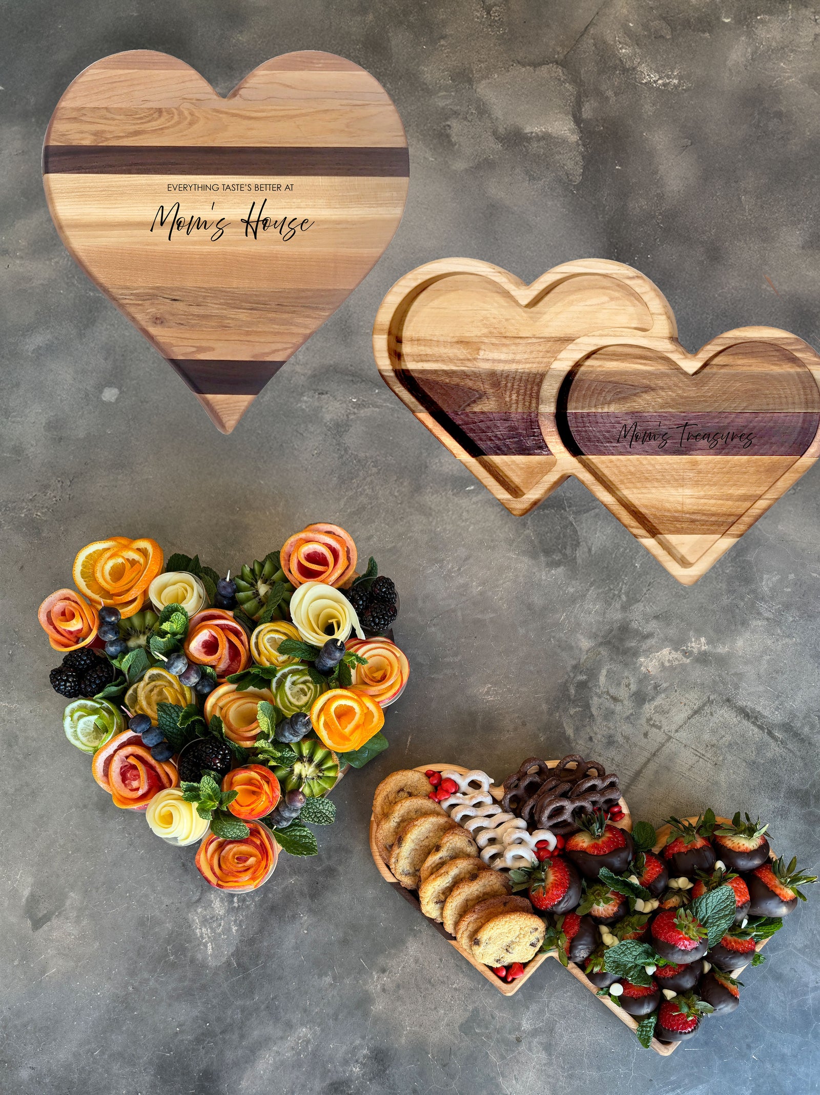 Handmade heart cutting board with edge grain design featuring hard maple and black walnut accents. Personalized with a Mom engraving where you can add the names of moms children inside. A beautiful double heart tray with engraving inside the heart makes a one of a kind mother's day gift set.