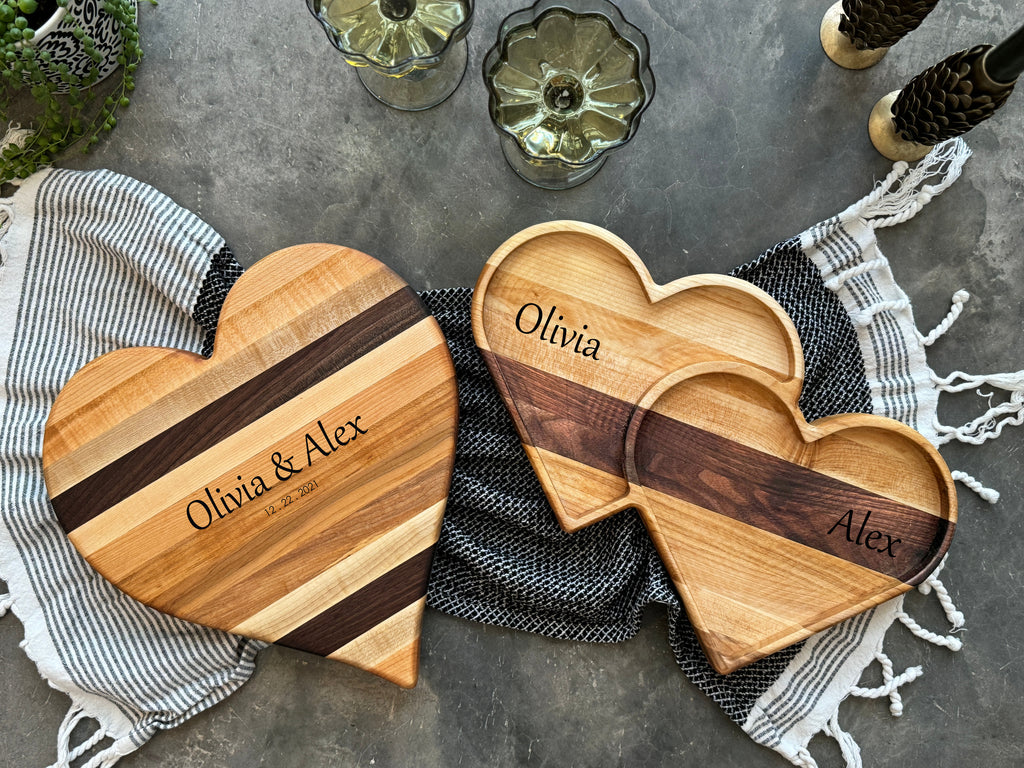 Personalized Wooden Valentines Day Heart Shaped Cutting Board & Charcuterie Board Set, Tray, Serving Plate, Catch All Dish. Gift Ideas.