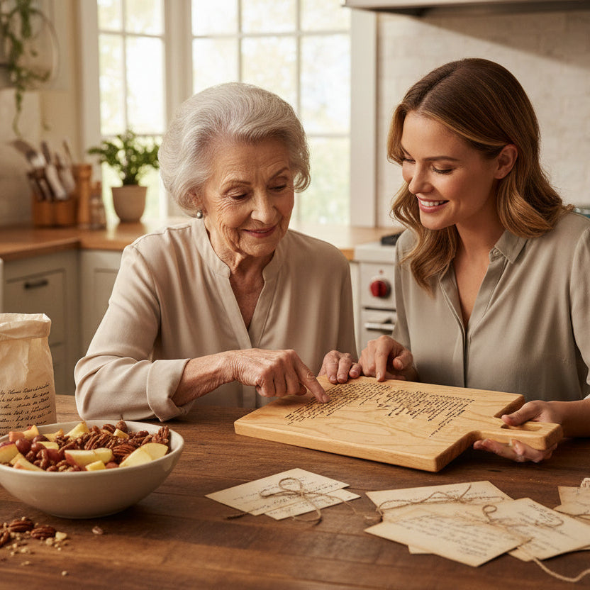 A woman and her daughter admire a beautifully hand crafted maple cutting board engraved with a hand written family recipe.