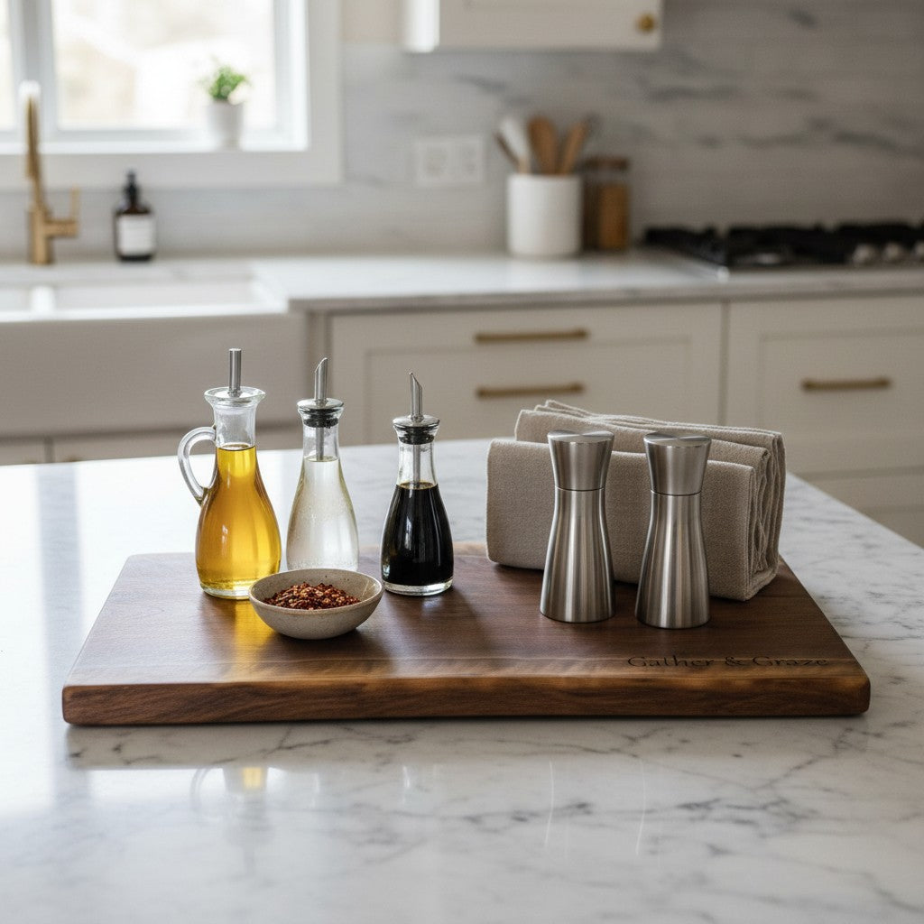 Kitchen counter with olive oil, vinegar, salt, and pepper on a gifted walnut live edge cutting board  engraved with Gather and Graze