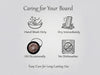 Instructions for caring for a cutting board with icons and text 