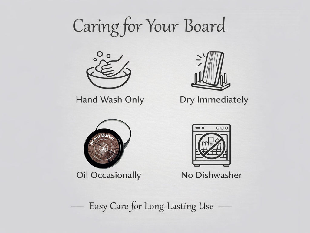 Instructions for caring for a cutting board with icons and text 