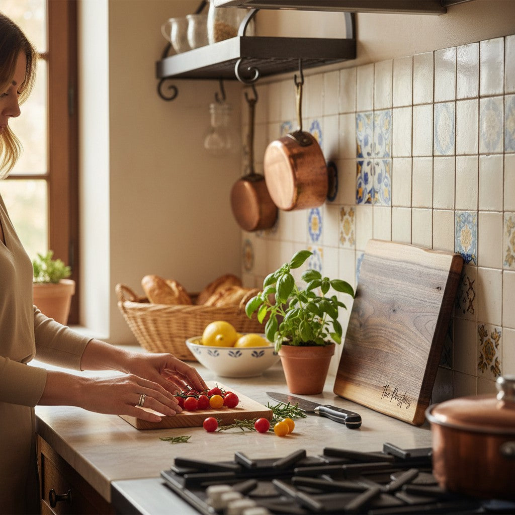 Woman preparing food in a kitchen with a cutting board and ingredients. A personalized charcuterie board leans against the wall as part of the kitchen decor