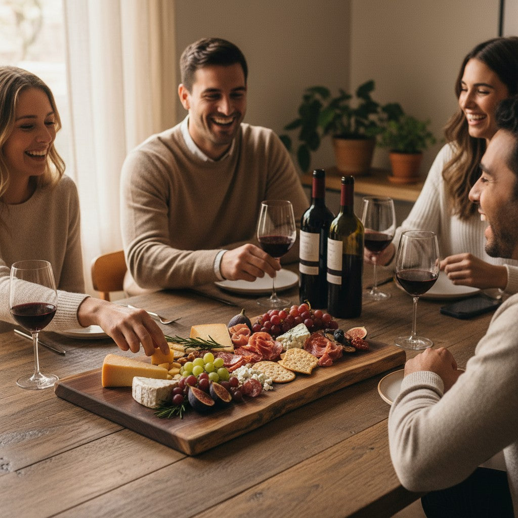 Group of people celebrating a meal with wine and live edge walnut charcuterie board 
