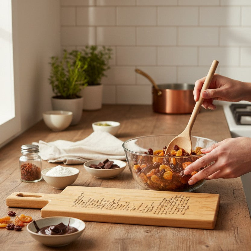 personalized cutting board with family recipe in kitchen setting. made for gift giving and kitchen decor