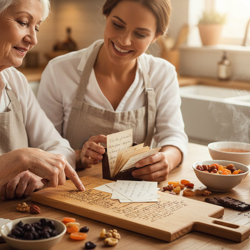 two women share recipes while admiring a nostalgic keep sake. A personalized cutting board with engraved recipe
