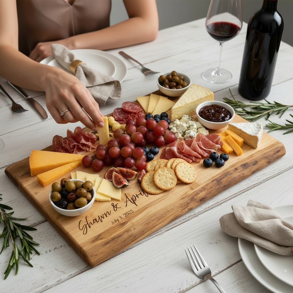 Wooden charcuterie board with assorted meats, cheeses, fruits, and crackers on a white wooden table, ready for date night.