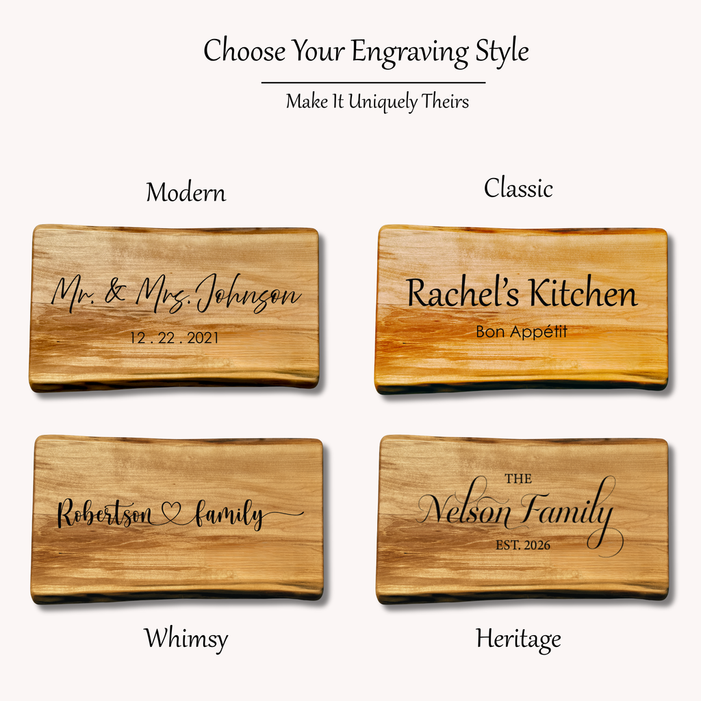 Three wooden cutting boards with engraved text and different styles available for personalization.