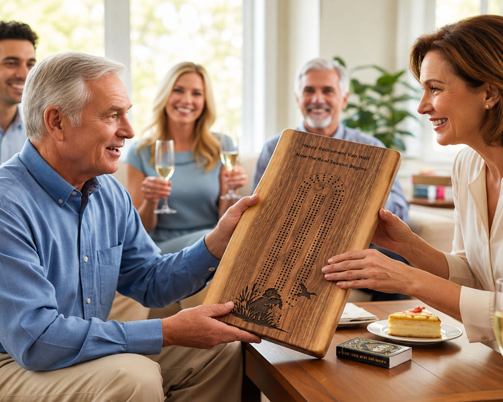 An engraved live edge wooden keepsake cribbage board is being held up by two people in a bright living room setting, with other people holding wine glasses blurred in the background.The board is being gifted as a retirement gift.