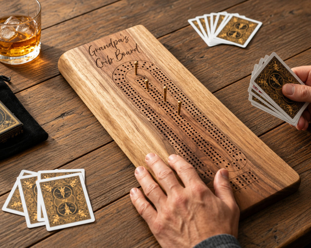 A wooden cribbage board engraved with 'Grandpa's Crib Board' sits on a rustic wooden table. Hands are visible holding playing cards, and a glass of whiskey is in the background, making this a lifestyle shot.
