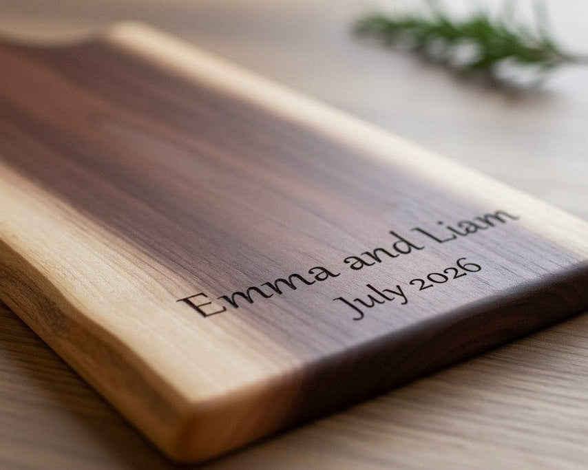 Wooden cutting board with engraved text 'Emma and Liam July 2026' on a light wooden surface.