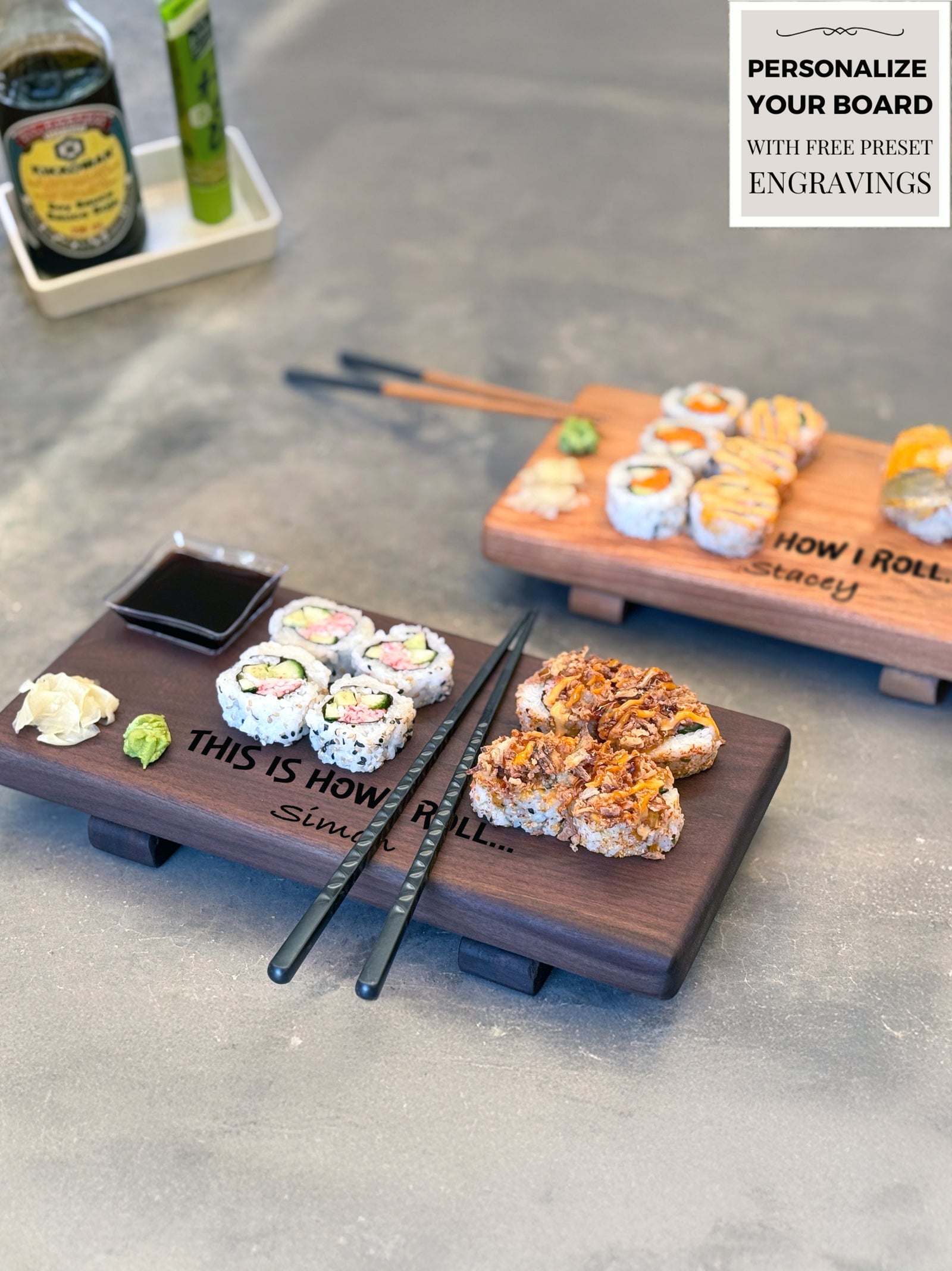 Personalized Wooden Sushi Board Set: Maple or Walnut, Engraved Sushi Platter