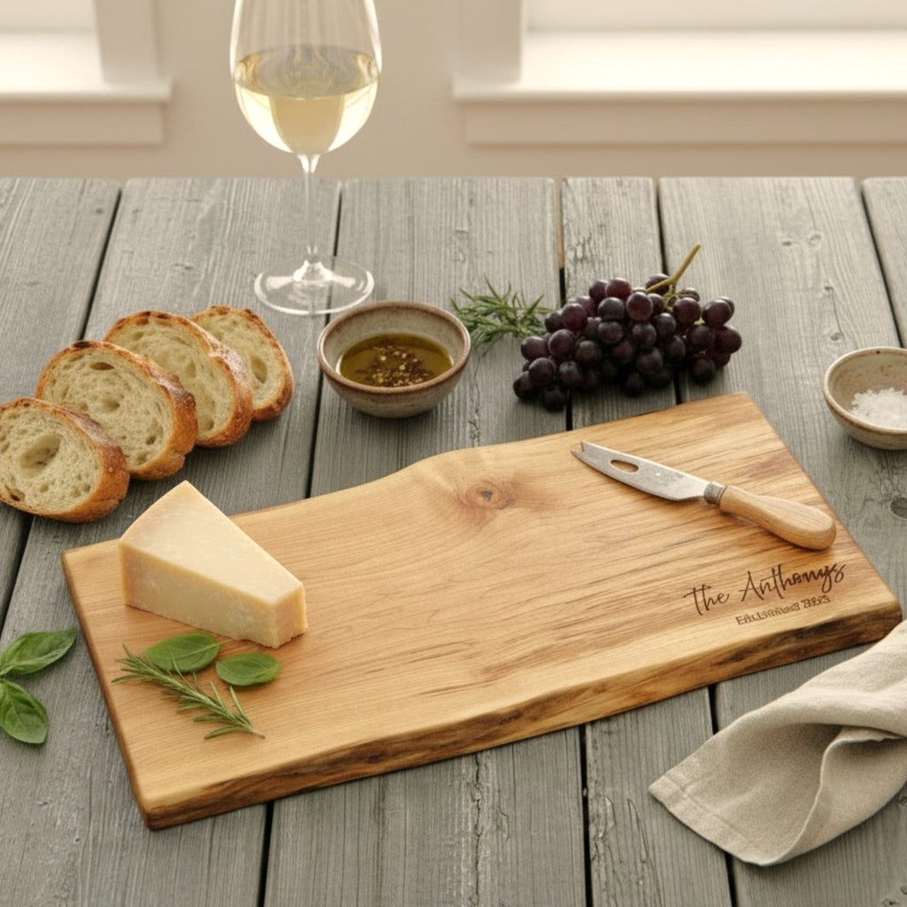 live edge maple wooden cutting board with cheese, bread, and a personalized engraving of a family name.