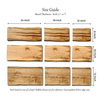 Size guide for wooden personalized cheese boards with dimensions and branding.