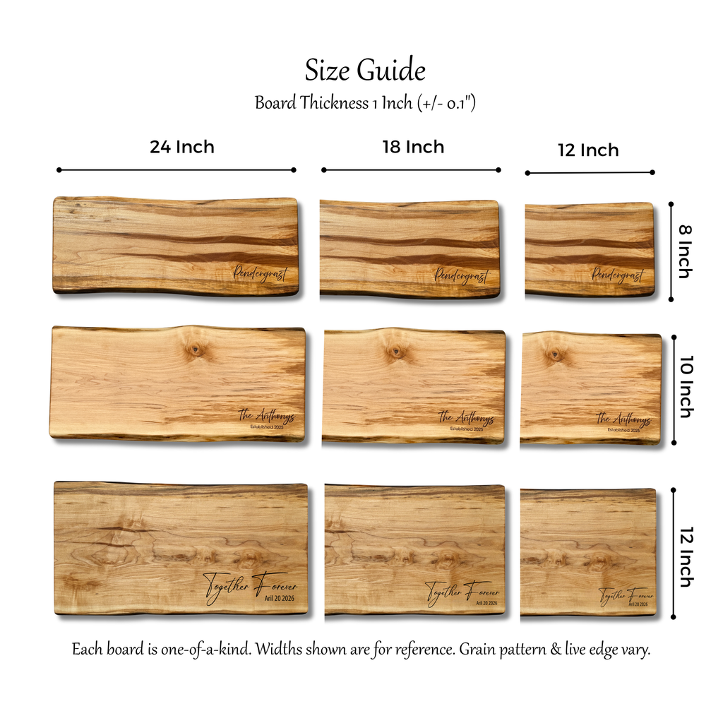 Size guide for wooden personalized cheese boards with dimensions and branding.