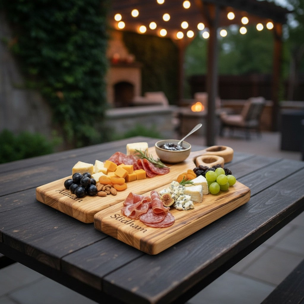Personalized nesting charcuterie board displayed outdoors for romantic entertaining and wedding gift inspiration