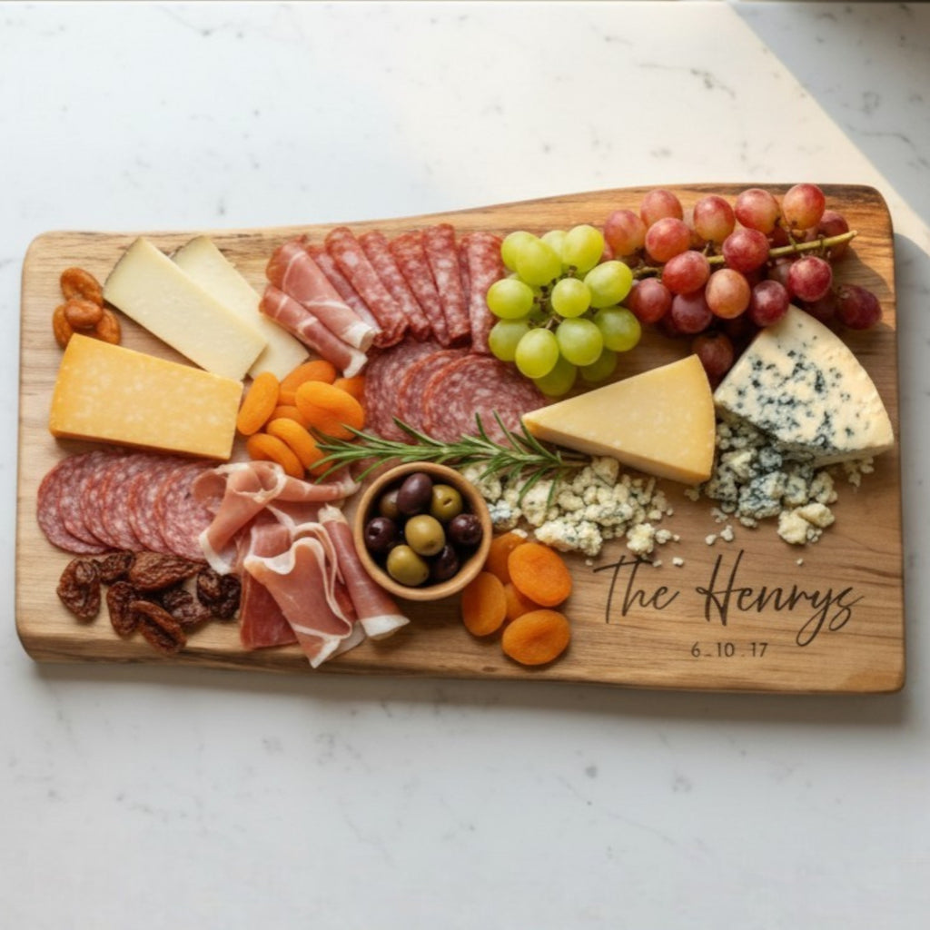 Personalized wooden cutting board gift with family name and wedding date  engraved, presented for entertaining guests with snacks and charcuterie.