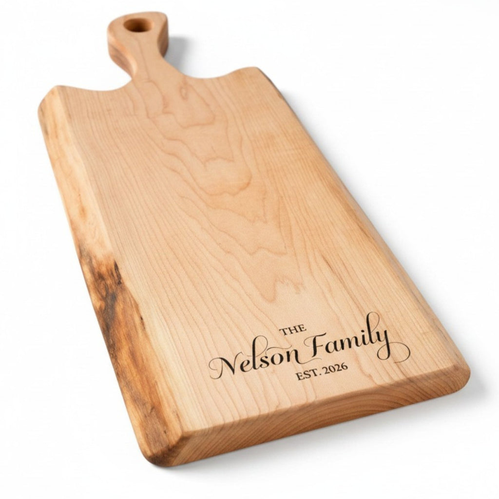 Personalized Maple Charcuterie Board with Handle | Custom Engraved Live Edge Serving Board