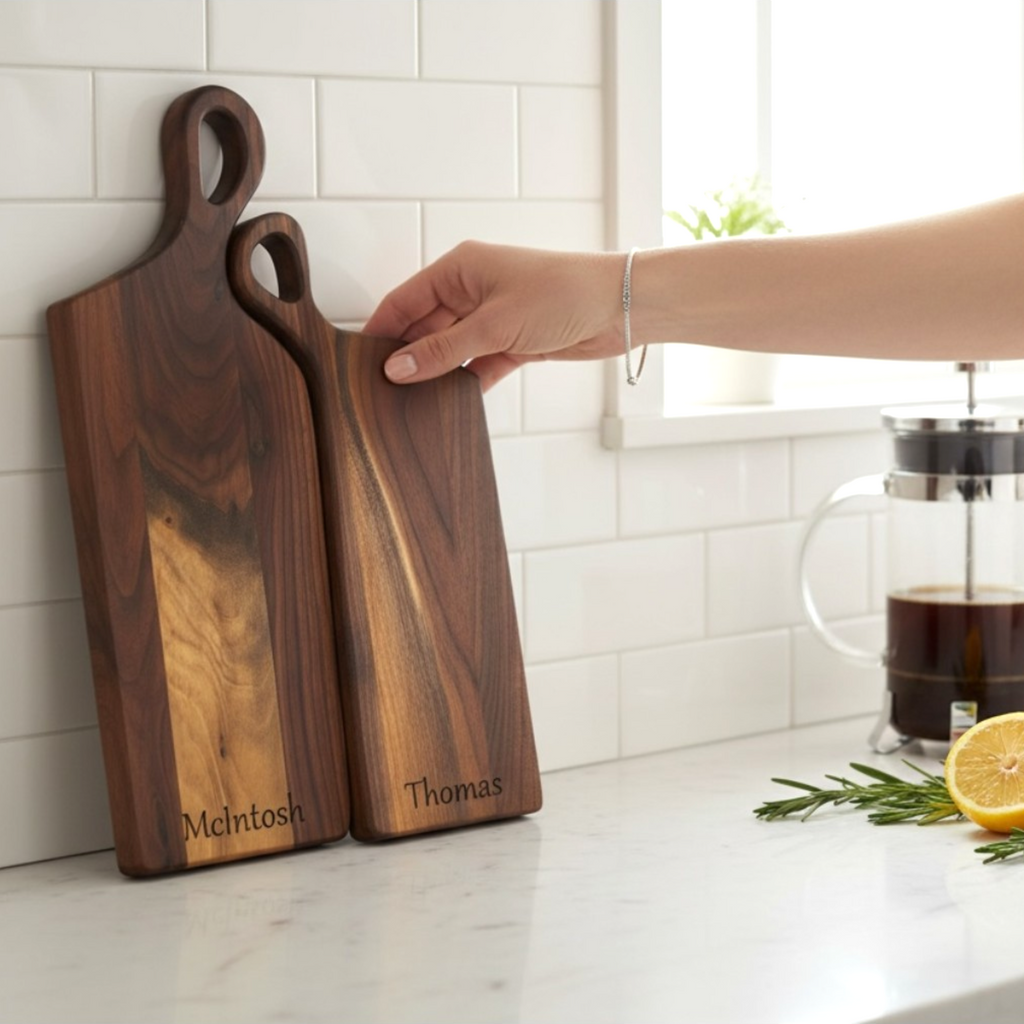 Personalized nesting cutting board set displayed in modern kitchen for newlywed home decor and entertaining