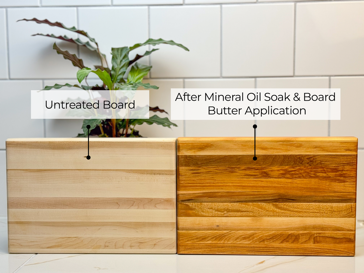 Side-by-side comparison of two cutting boards: one untreated with a light, matte finish, and the other rich in color and shine after a mineral oil soak and Roots to Table Board Butter application. A green plant decorates the background.