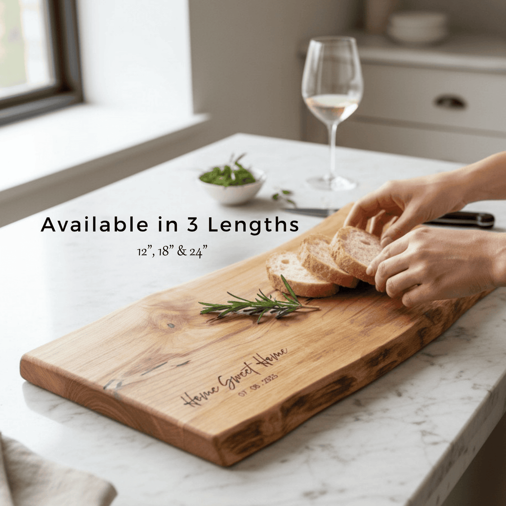 Person slicing bread on a live edge wooden cutting board with a glass of wine in the background.