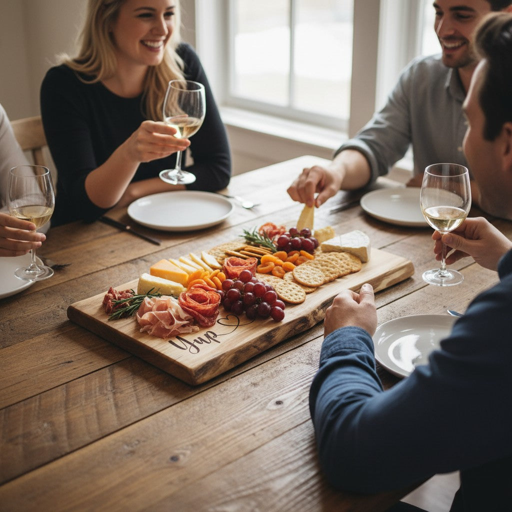 People enjoying a meal with a charcuterie board on a wooden table. the live edge maple serving board has a visible Yup custom engraving