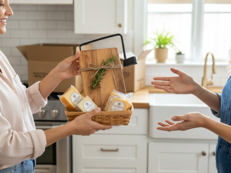 Person gifting a personalized cheese slicer board with cheese, a thoughtful housewarming gift