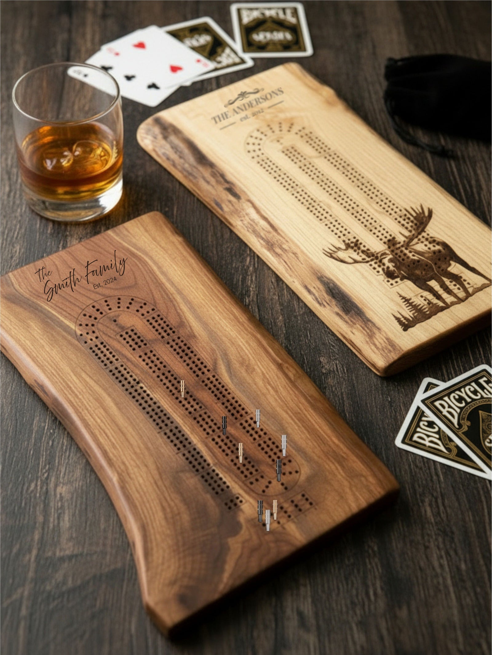 Personalized walnut and maple live edge cribbage boards with engraved designs, a unique gift for cribbage players