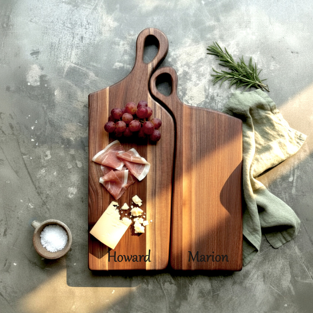 Personalized nesting cheese board with engraved couple names styled with charcuterie and fresh fruit, made for anniversary gifts