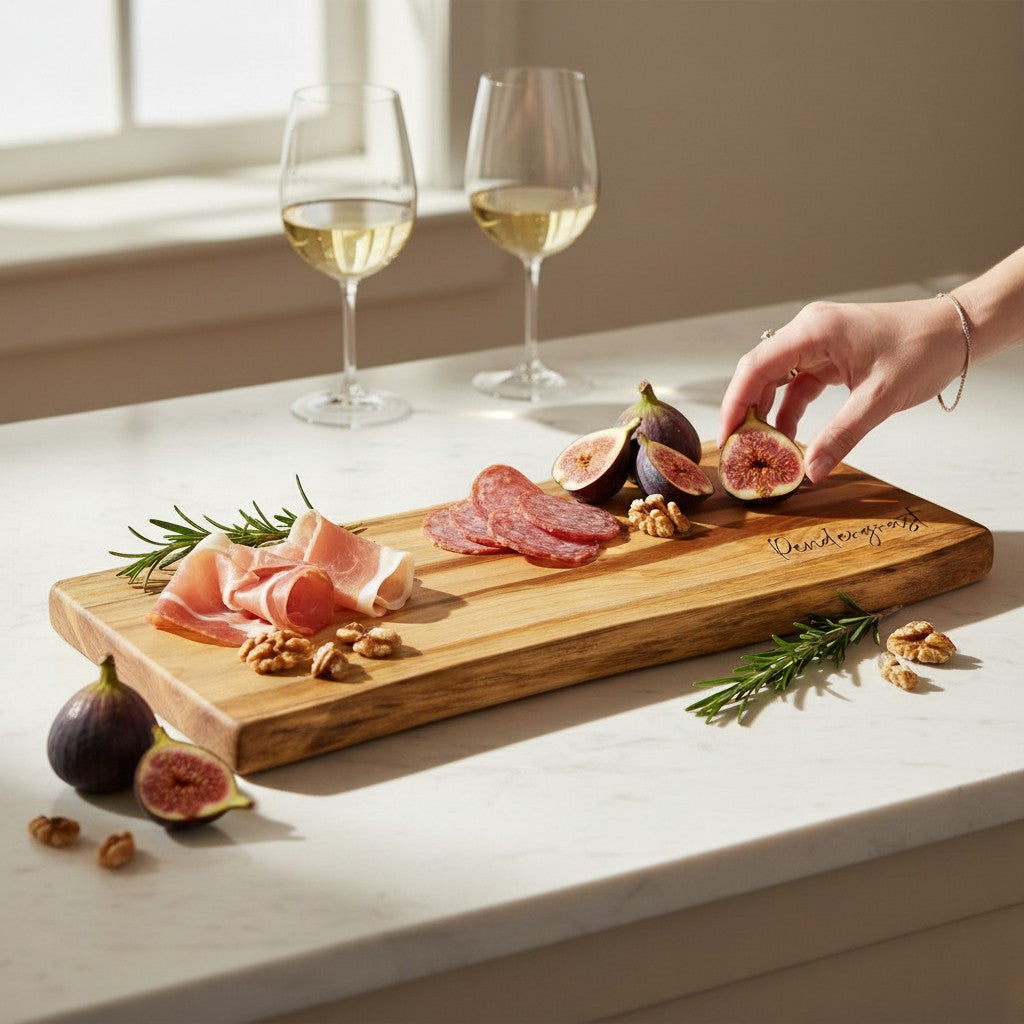 maple cutting board with figs, prosciutto, and salami on a marble surface with two glasses of white wine ready for couple celebrating anniversary