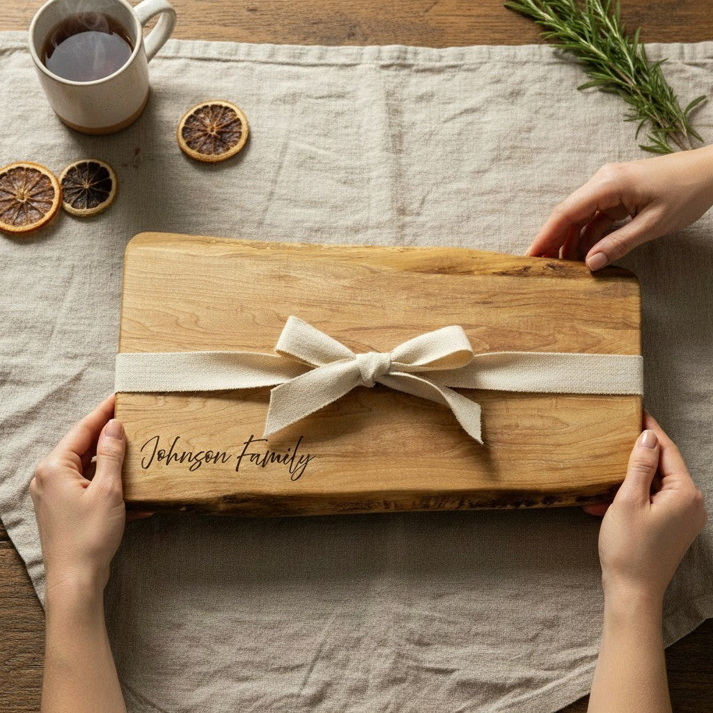 Wooden cutting board with a ribbon and 'Johnson Family' engraving ready for gifting to the new home owners.