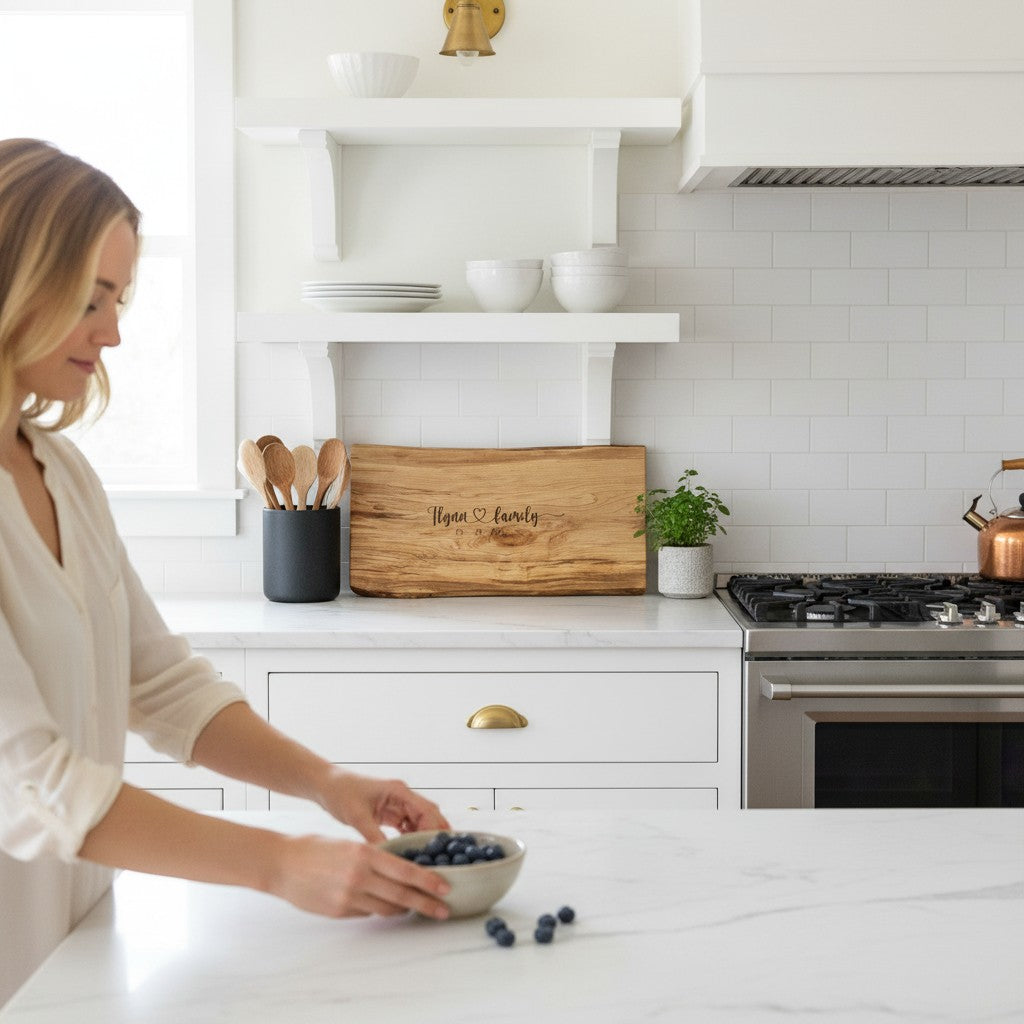 Home decor display of live edge maple charcuterie board with engraving, leaning up against the backsplash in a carefully curated kitchen.