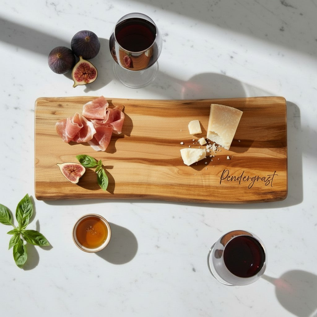 Personalized maple charcuterie board engraved with name, styled with prosciutto, cheese, figs, and wine ready for a couples date night.