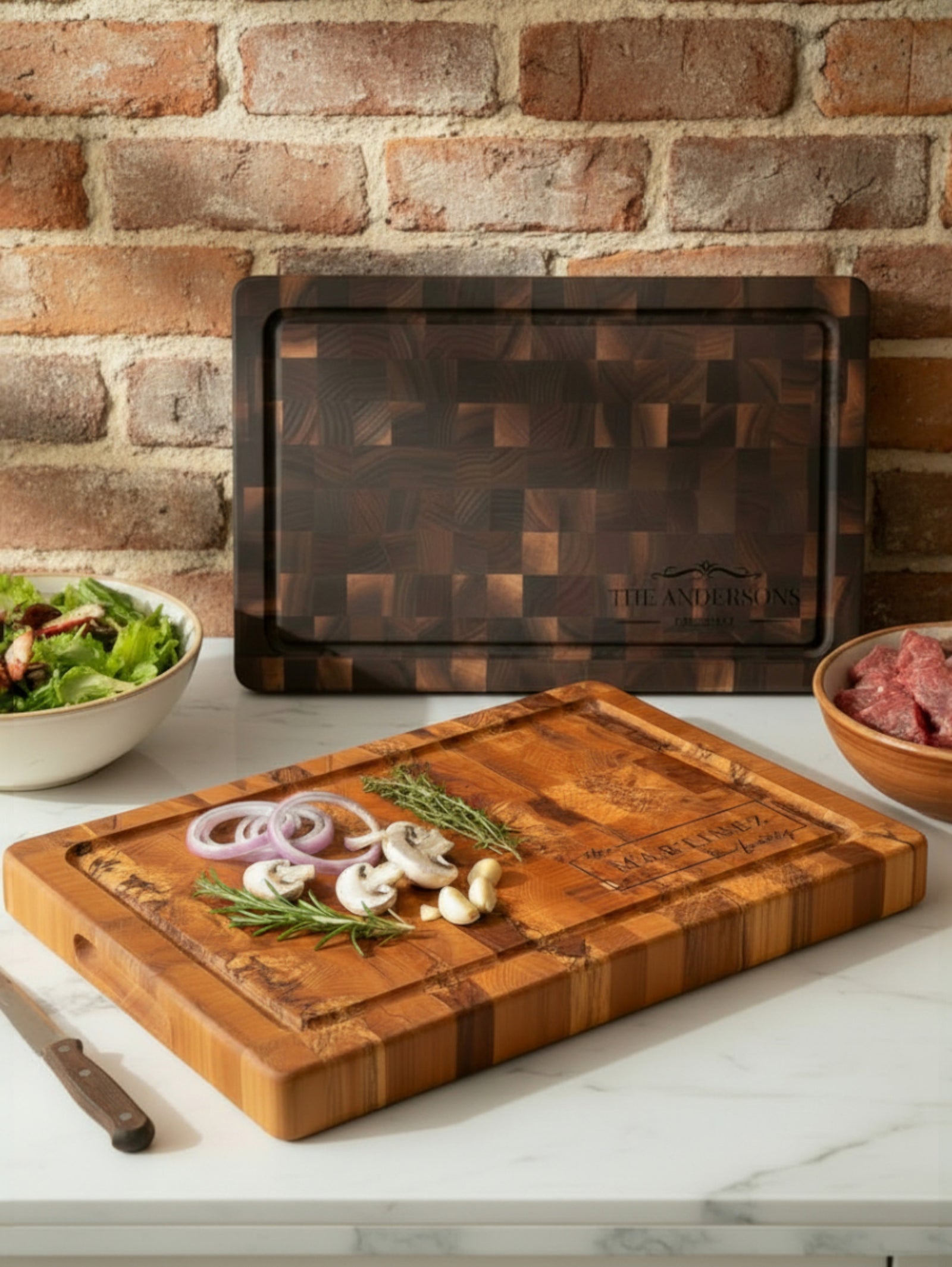 Personalized maple and walnut end grain cutting boards with engraved designs, a popular wedding and housewarming gift