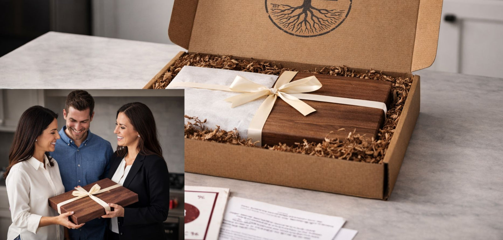 Real estate agent giving homeowners a personalized charcuterie board closing gift