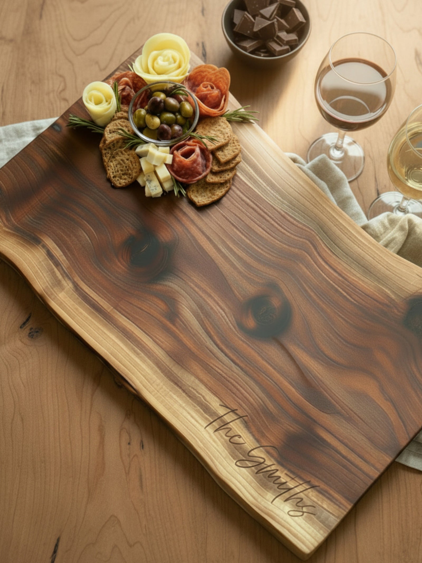 Personalized walnut charcuterie board gift for weddings, housewarmings and meaningful moments