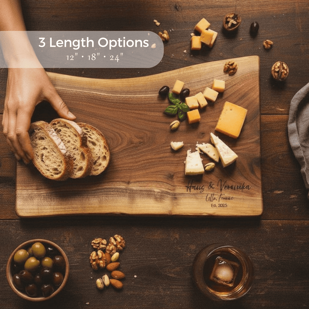 personalized walnut charcuterie board with bread, cheese, and nuts on a wooden surface, featuring 'Hans & Venerika' engraving