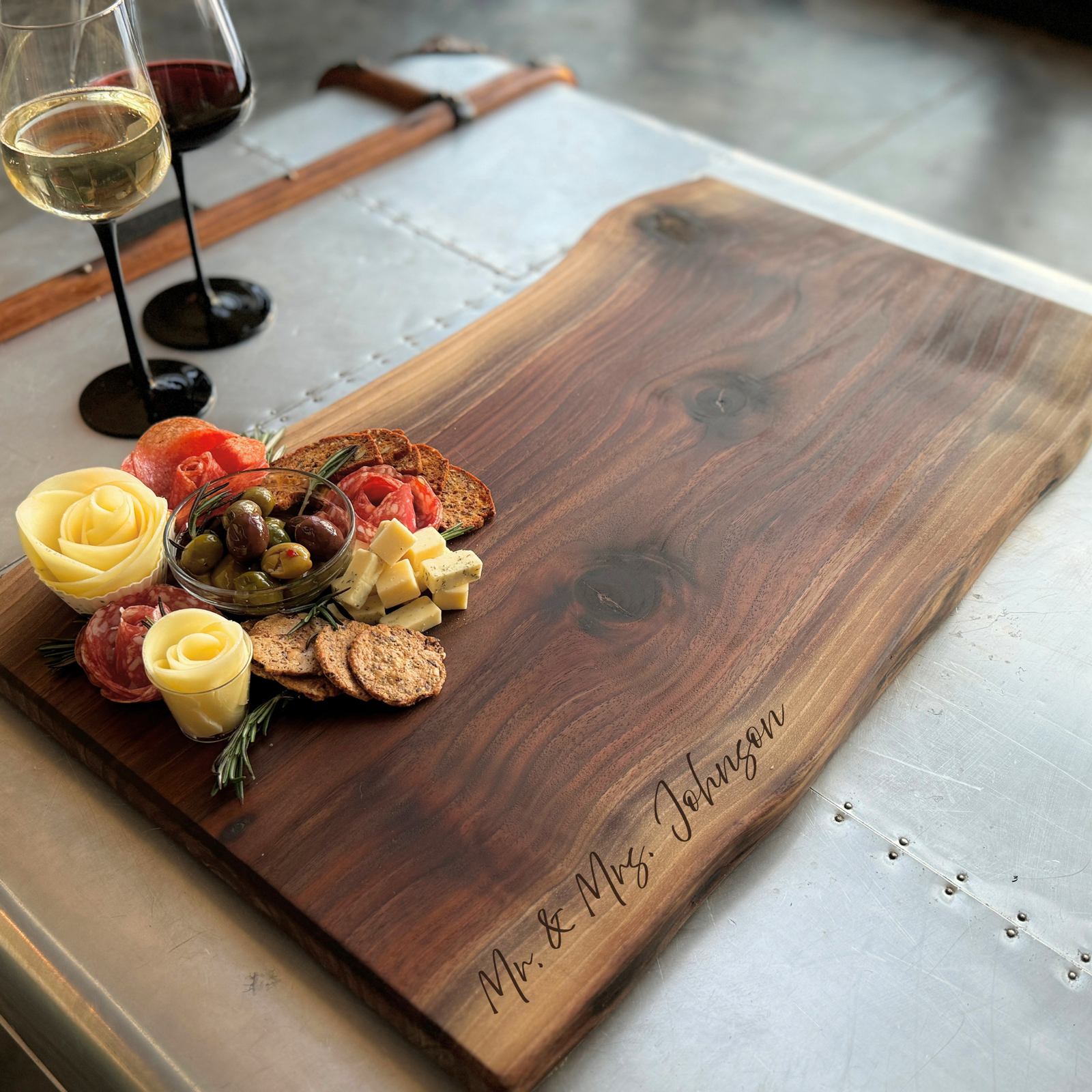 live edge walnut charcuterie board with engraving for wedding gift