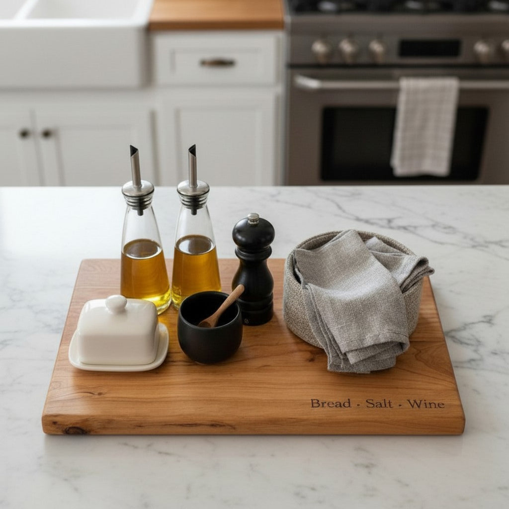 Wooden cutting board styled as home decor with kitchen items including oil bottles, a pepper grinder, a small bowl with a spoon, a butter dish, and a towel on a marble countertop.