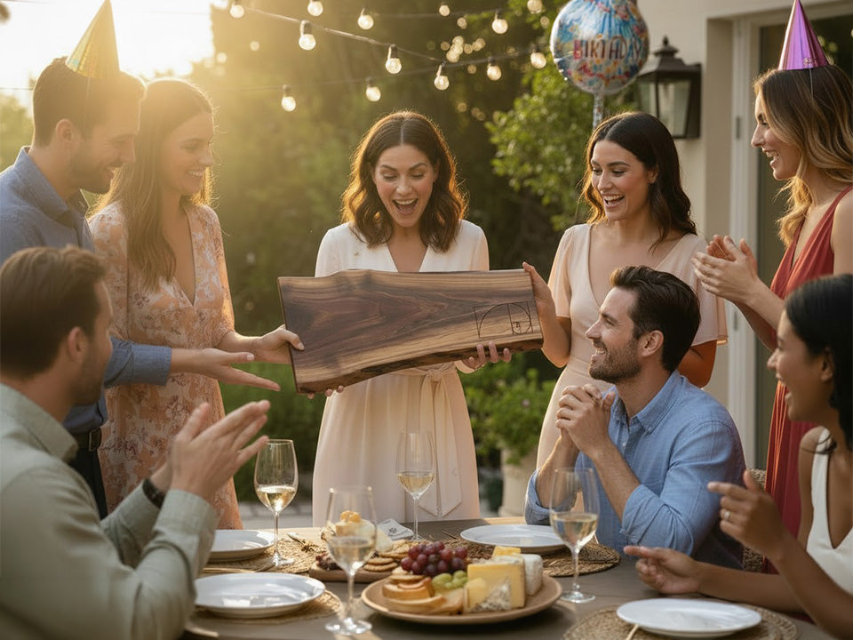Friends celebrating a birthday while gifting a personalized wood charcuterie board